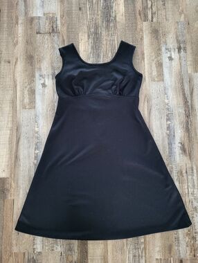 Vintage 60s 70s Black A Line Dress Empire Waist Mod Minimalist Midi 16.5